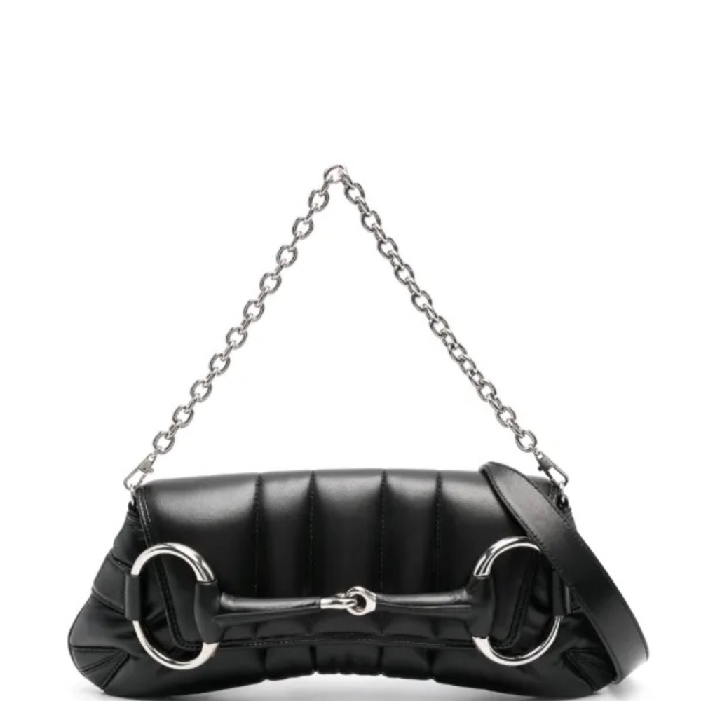 GUCCI Nappa Vertical Matelasse Medium Maxi Horsebit Chain Shoulder Bag Black